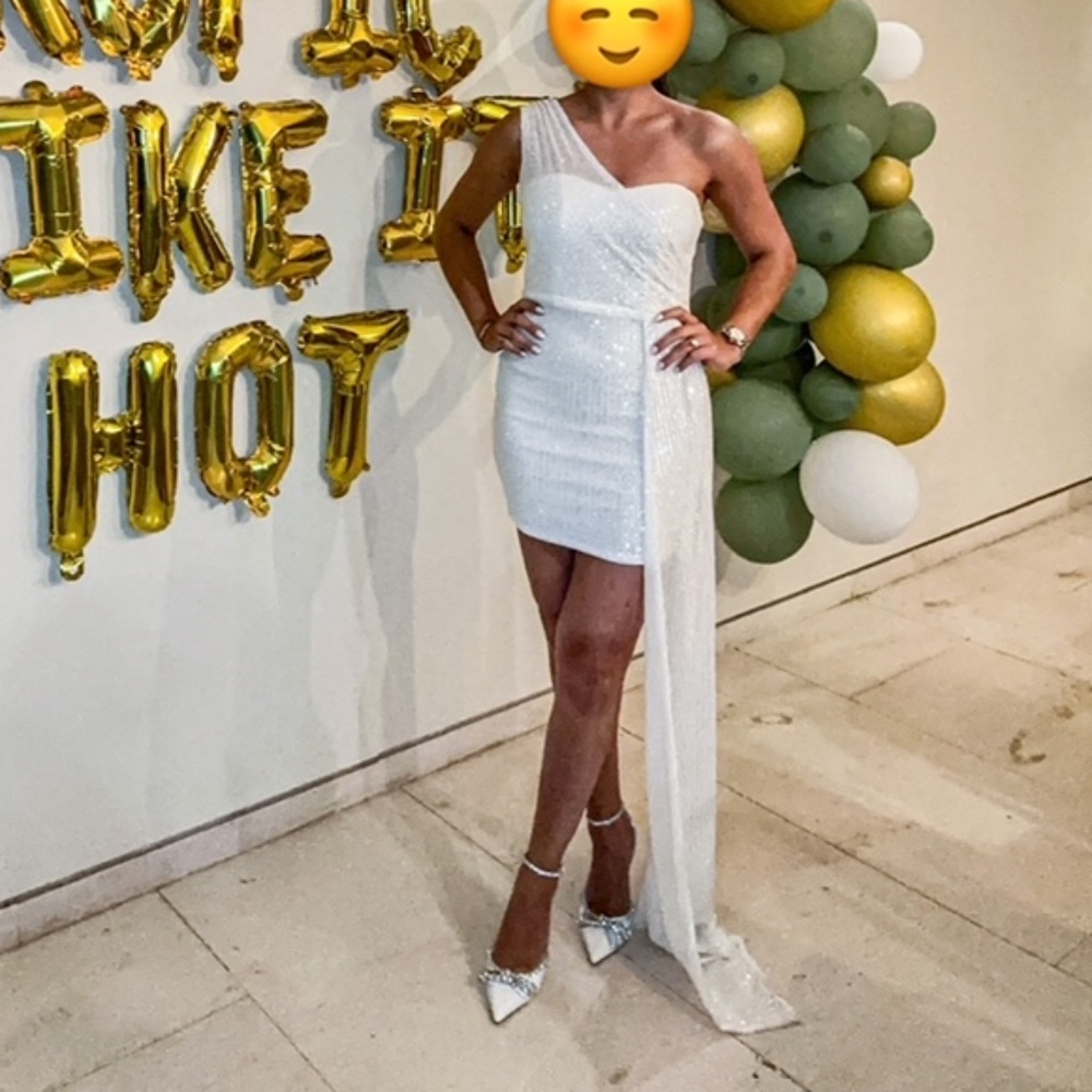 One Shoulder White Sequin Beaded Dress with Side Tail